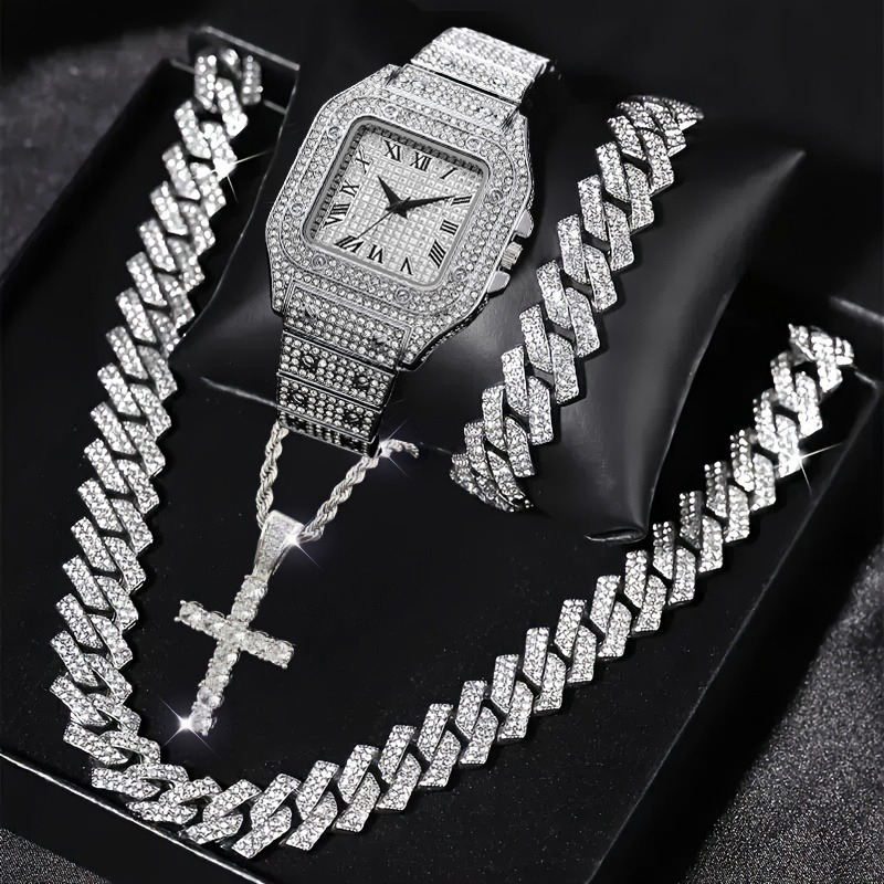 Luxury Watch Winder - 4-delige set: modieus 'iced out' vierkant