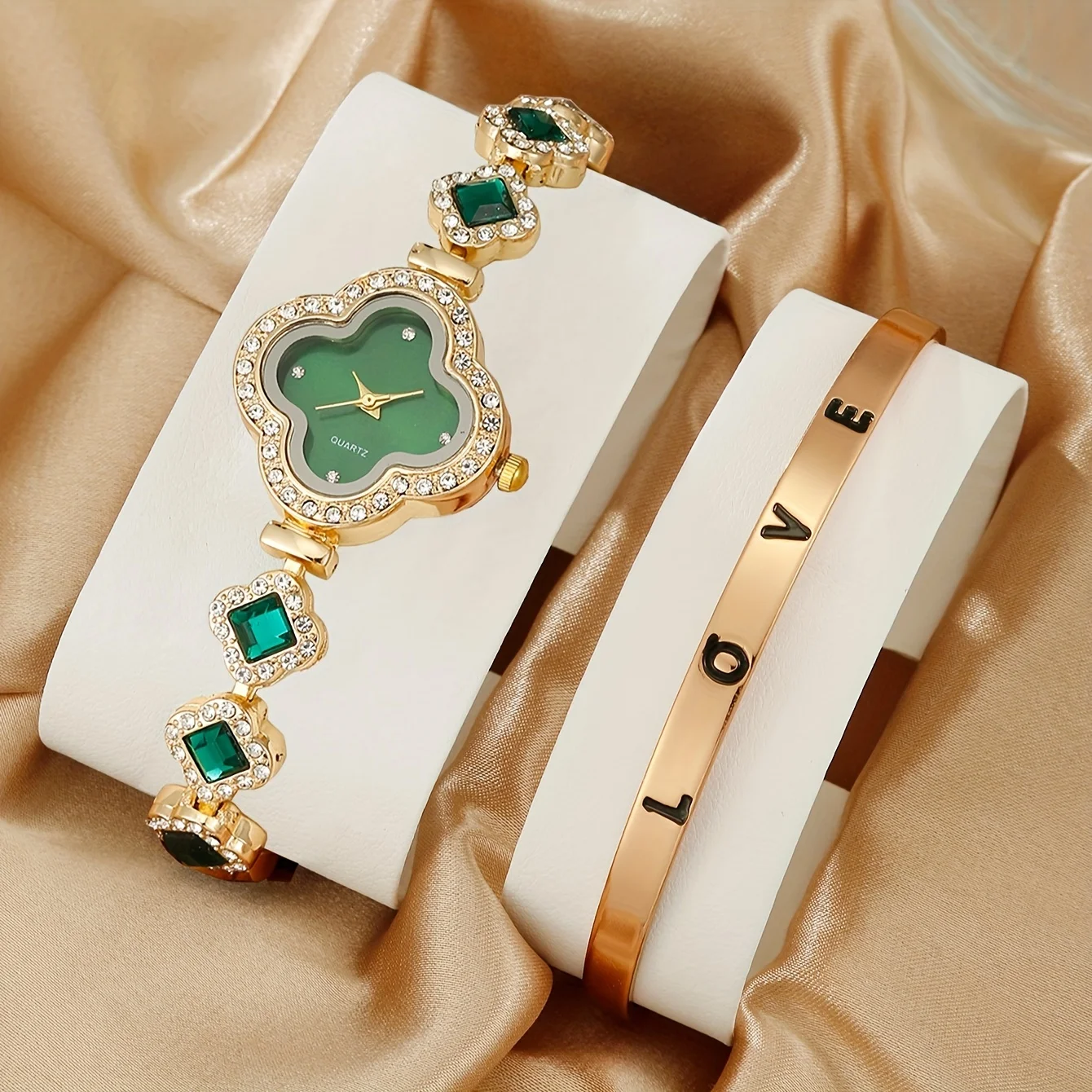 Luxury Watch Gift For Her - 2 Stks/set Dameshorloge Luxe Strass Klaver